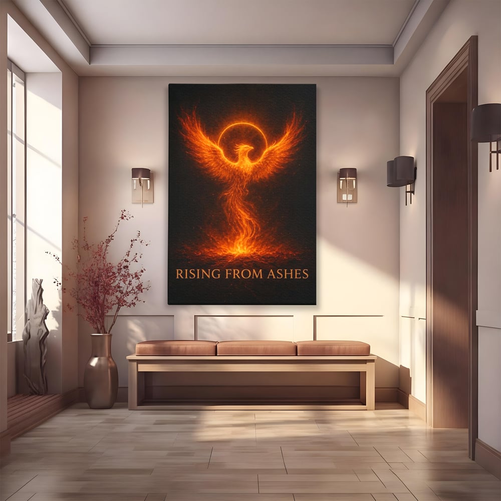 Tablou canvas cu ilustratie digitala cu pasarea phoenix din flacari, fara rama, pe sasiu de lemn